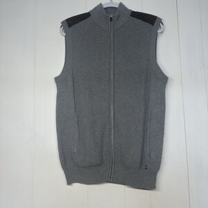 CHAPS Men's Sweater Vest M Full Zip Gray With Brown Microsuede Trim Pockets